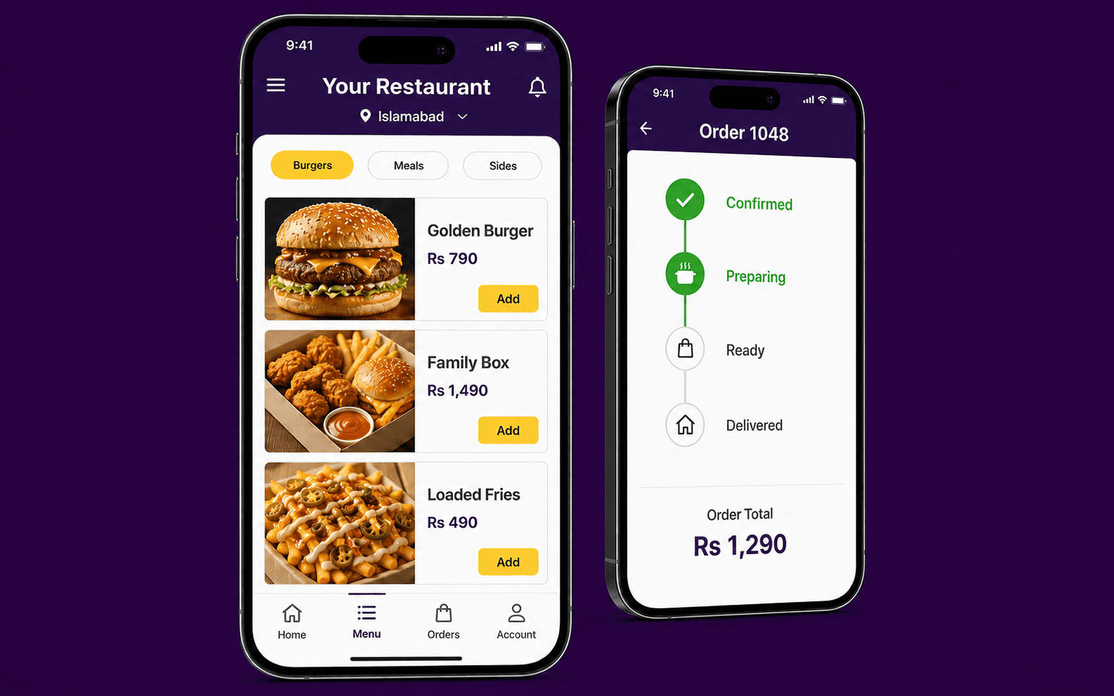 Branded customer menu and live order progress screens