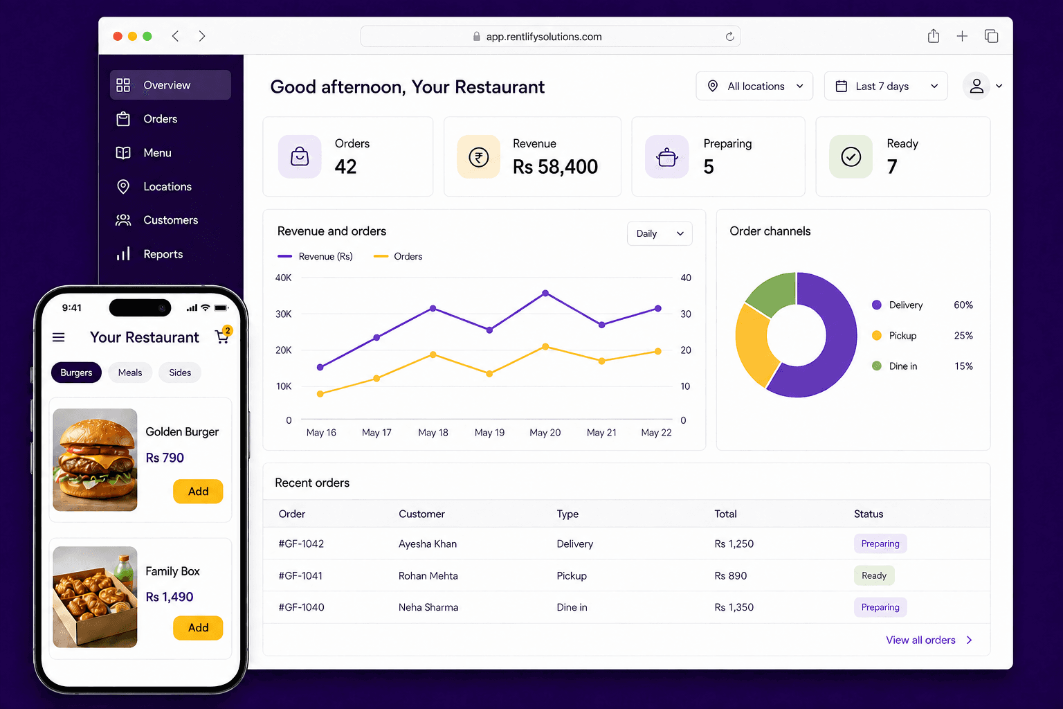 Restaurant owner dashboard with customer ordering app